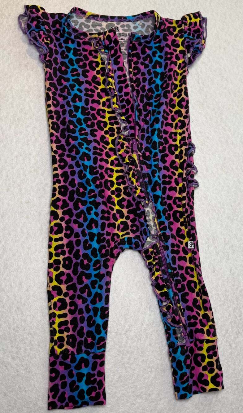 Bums & Roses Neon Leopard Ruffle Zippy Bamboo Romper